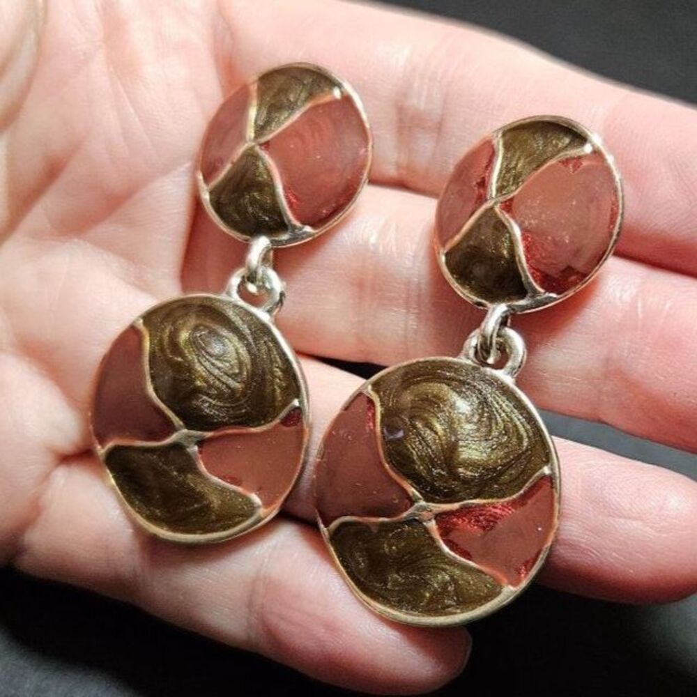 Vintage silver tone round enamel dangling earrings - Picture 3 of 8